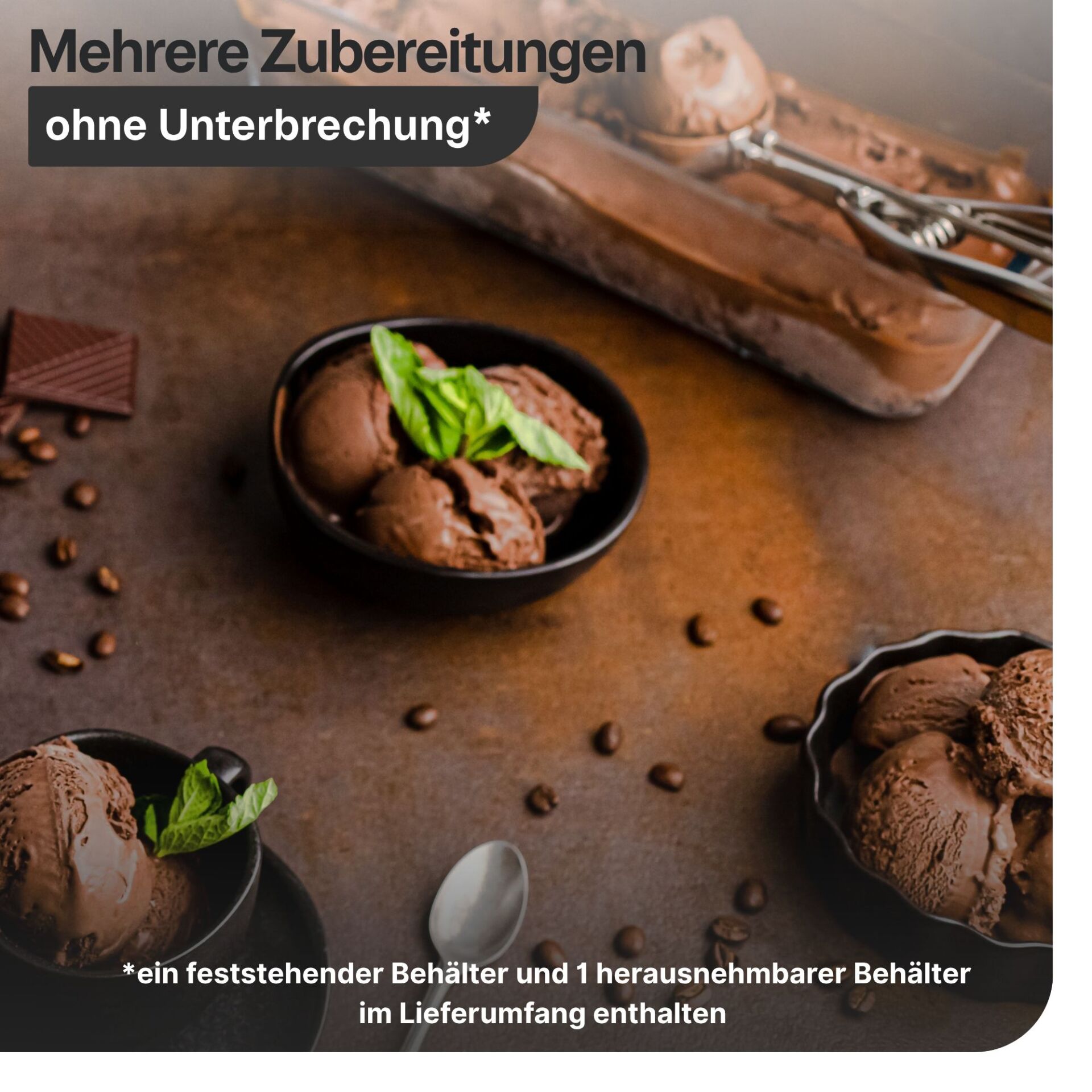 Schokoladeneis, Schokoladeneiscreme, Kühldessert, Eisportionen, Bohnenkaffee-Schorle