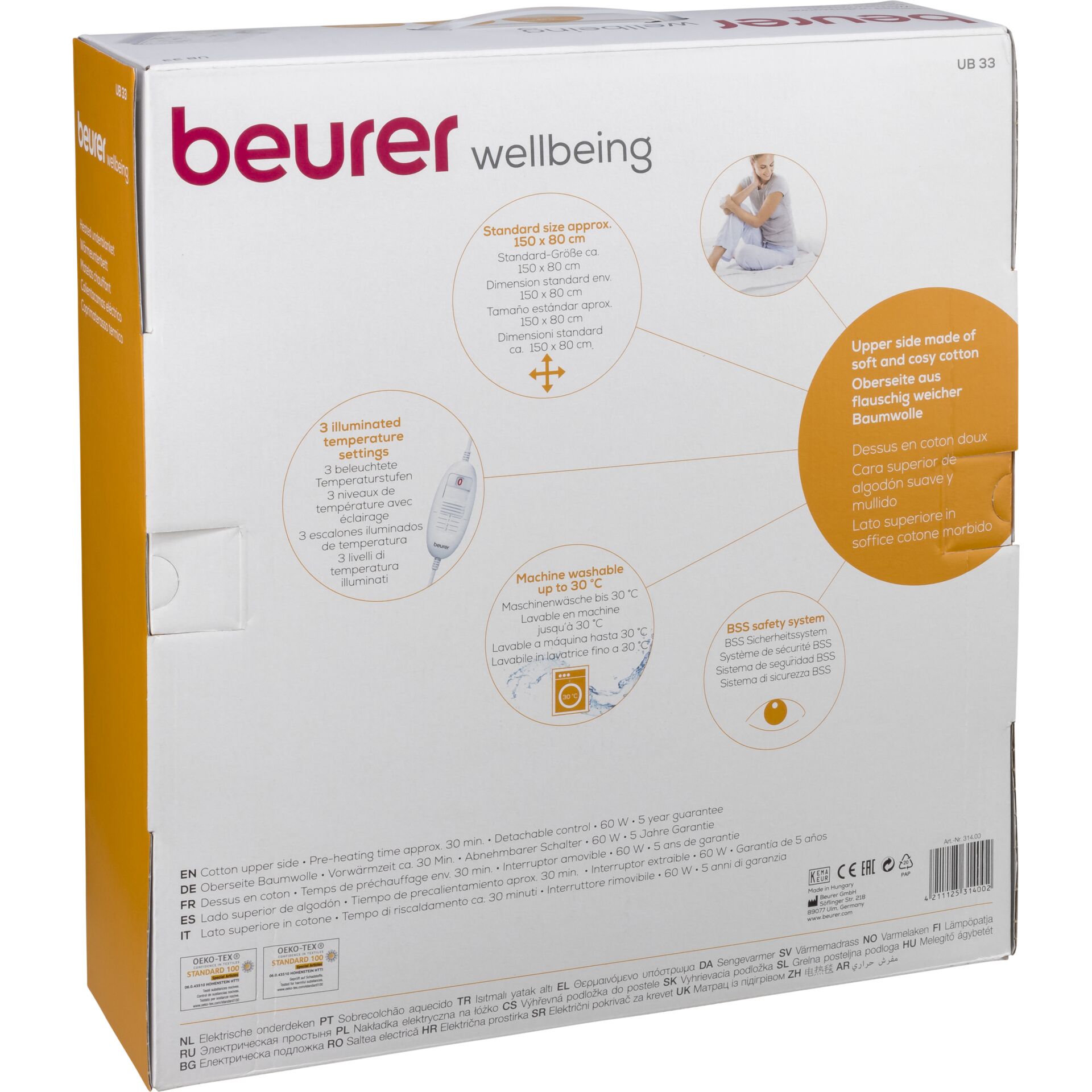 cotton, obere Seite, Temperatur-Einstellungen, maschinenwaschbar, BSS-Sicherheit