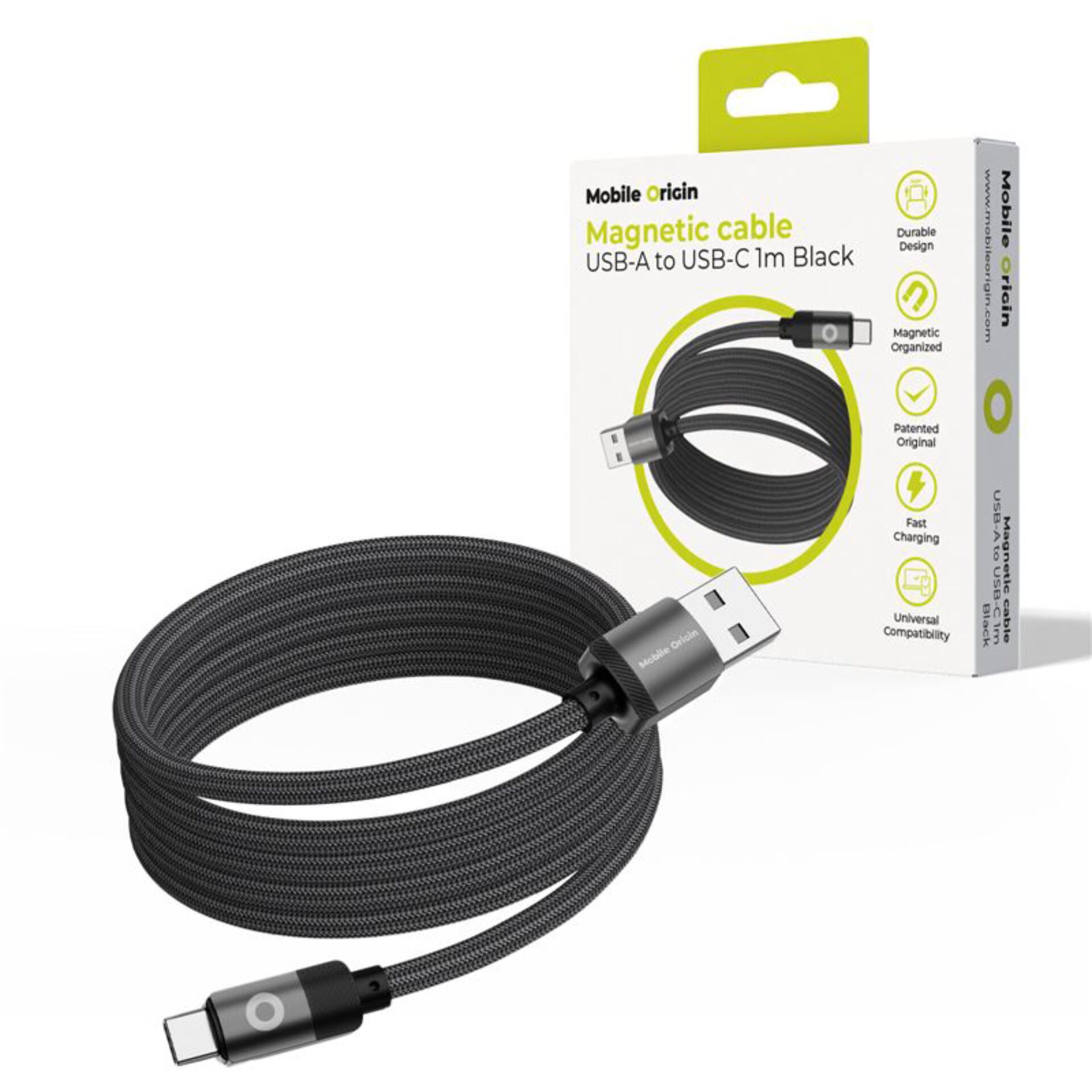 USB-C zu USB-A, Magnetisches Kabel, Geflochtenes Kabel, 1 m Länge, Schwarz