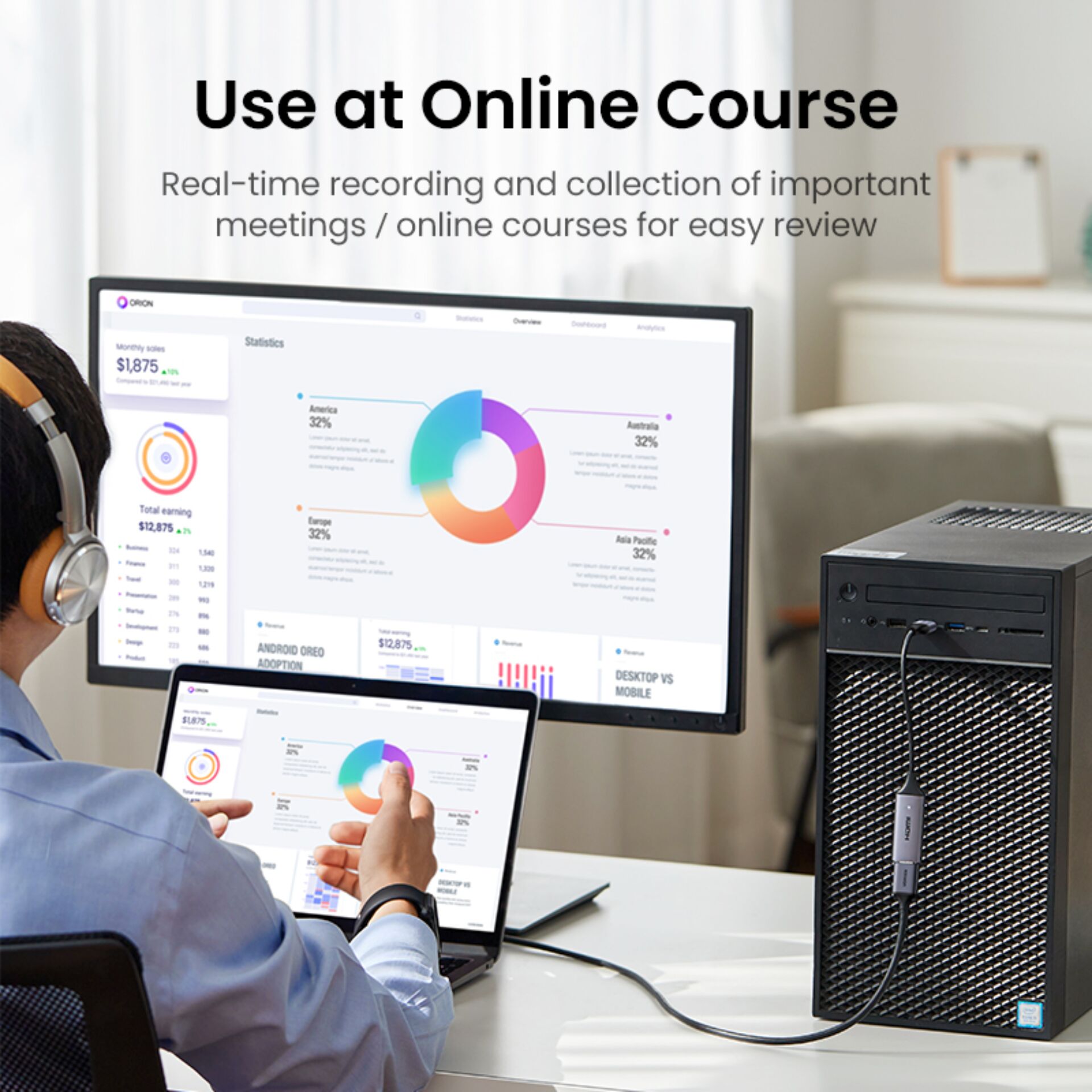 Person, Kopfhörer, Monitor, Sprecher, Laptop