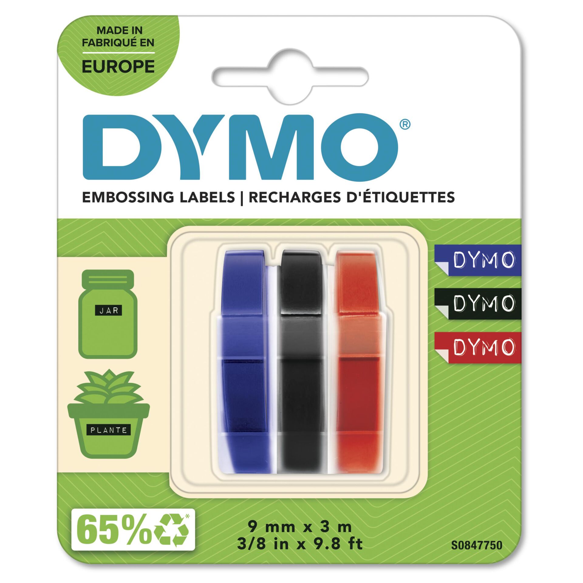 3x1 Dymo 3D Prägeband 9 mm x 3 m  Plastik rot/blau/schwarz