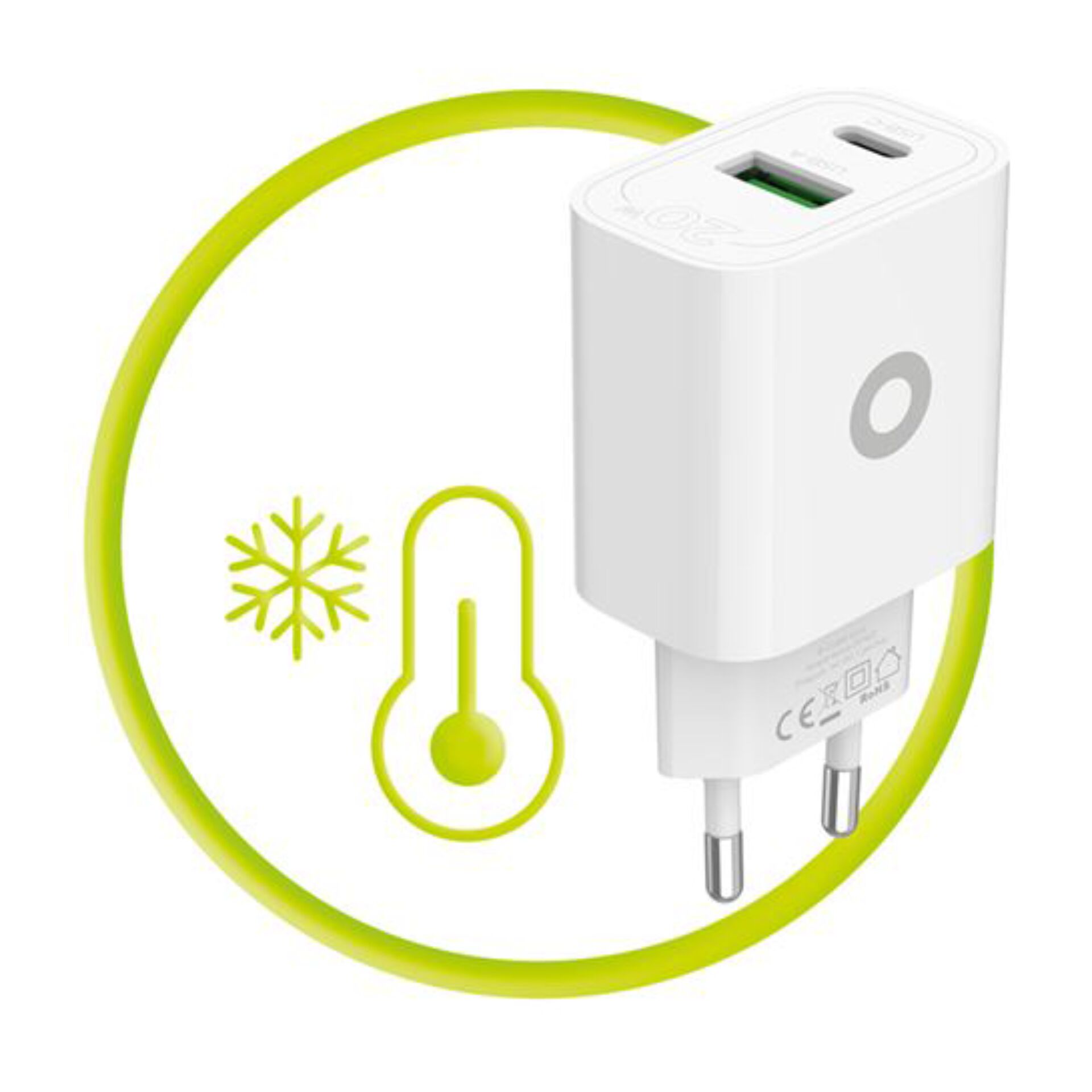 USB-Ladegerät, EU-Stecker, Thermometer-Symbol, grüner Ring, LED-Anzeige