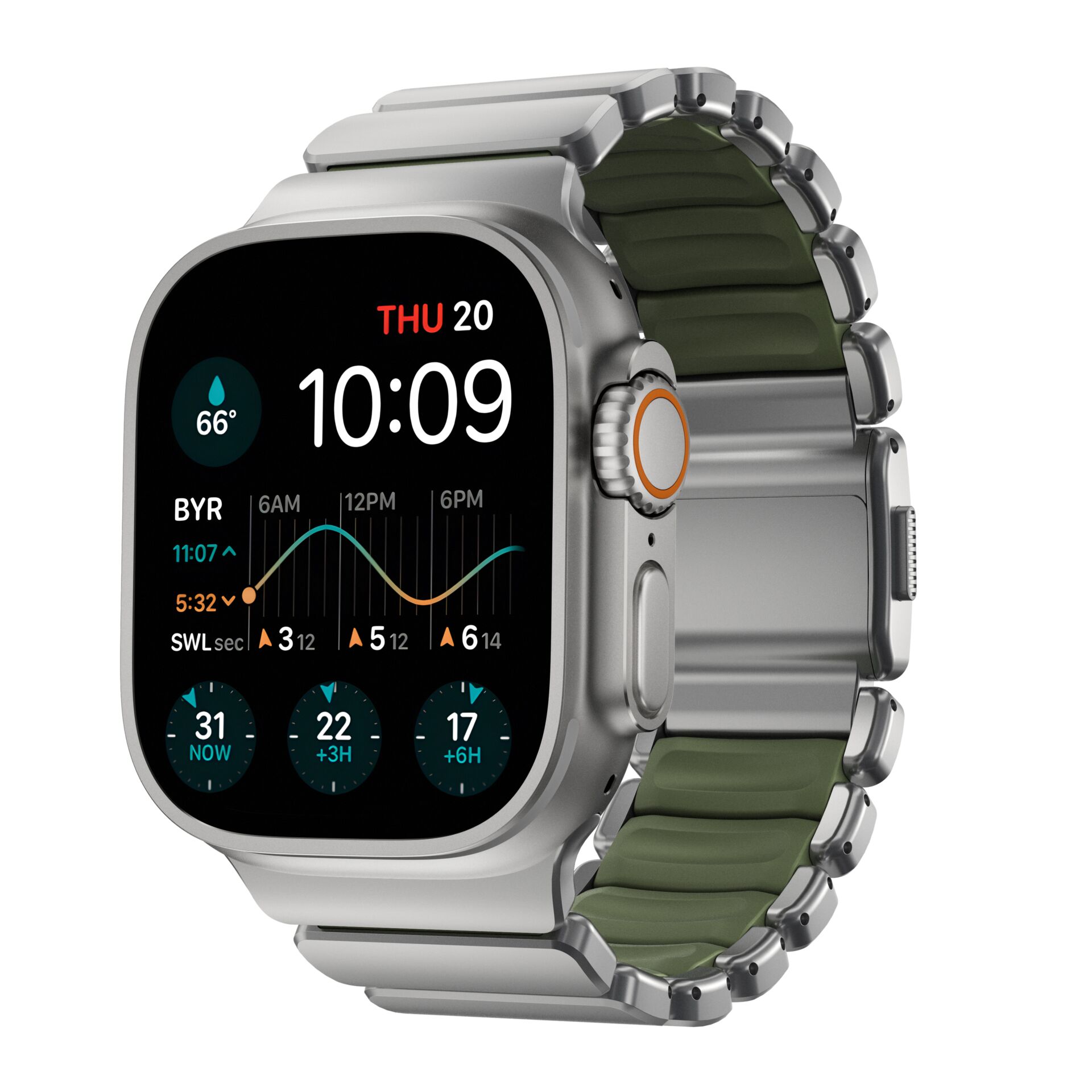 Smartwatch, Metallband, Digitalanzeige, Aluminiumgehäuse, Grünes Armband