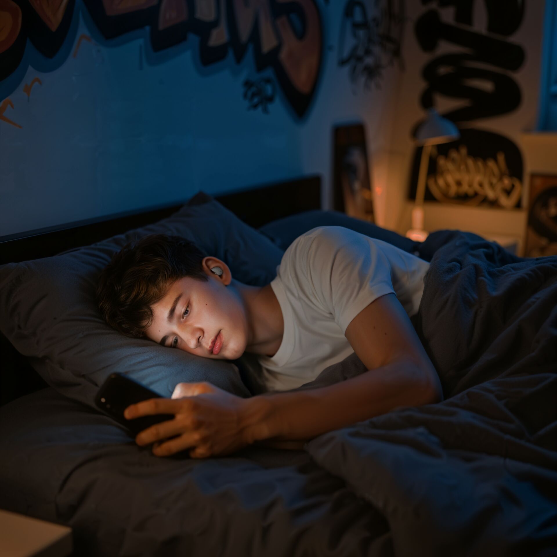 teenager, bedroom, lamp, nacht, telefon