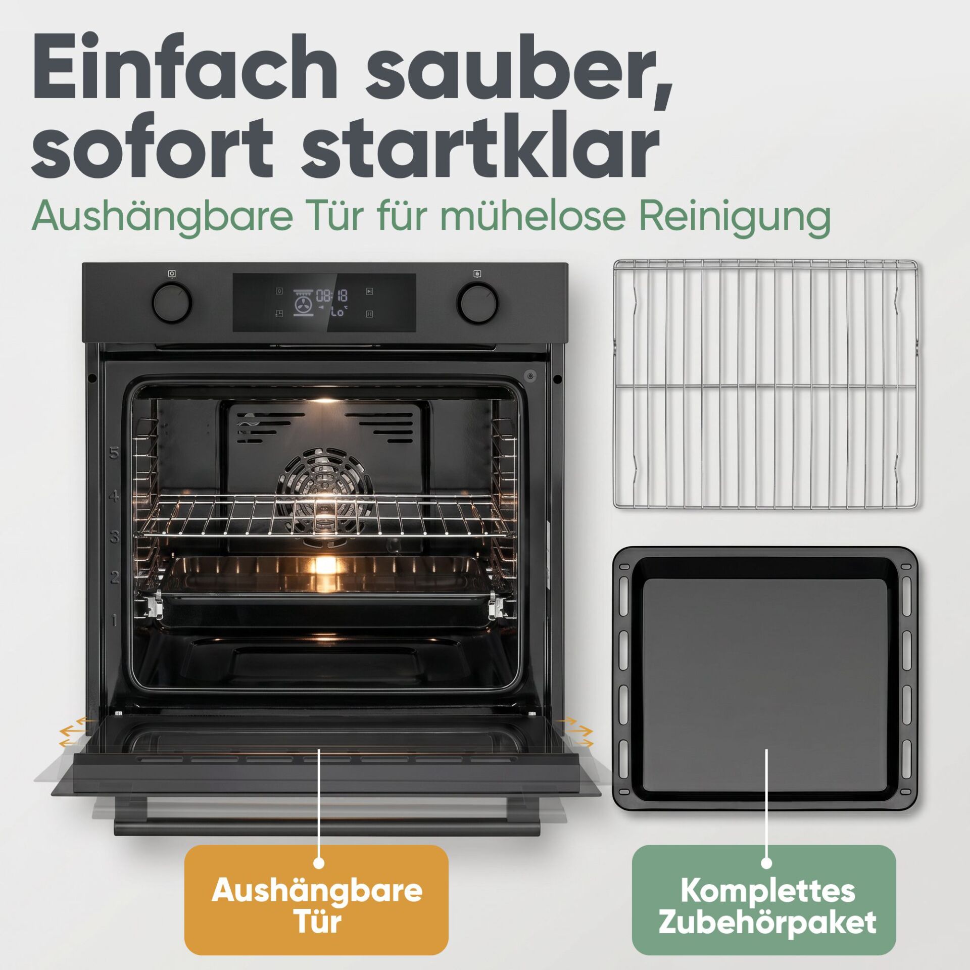 Backofen, Edelstahl, Schwarze Front, Grillrost, Backofenzubehör