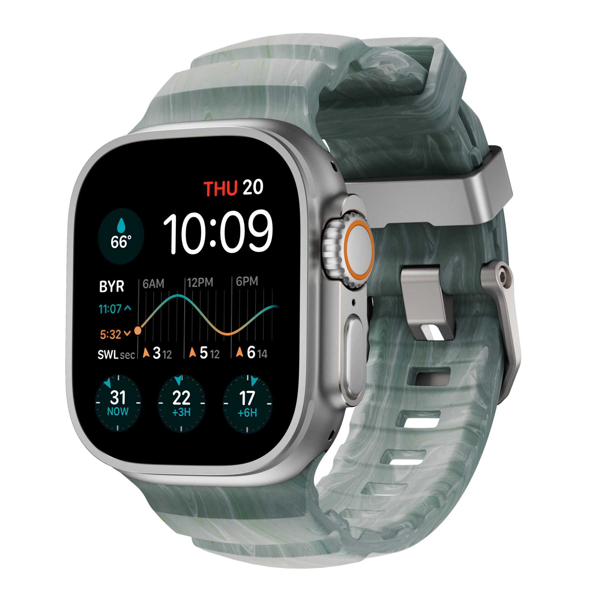Smartwatch, Digital display, Metal case, Marble band, Helm-shaped crown