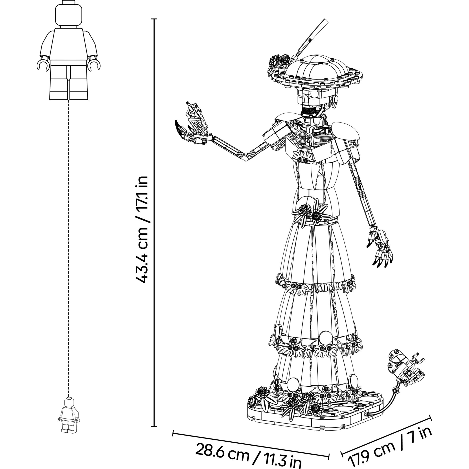 Lego-Figur, Roboterskulptur, Mech-Statue, Blumenrock, Maßzeichung
