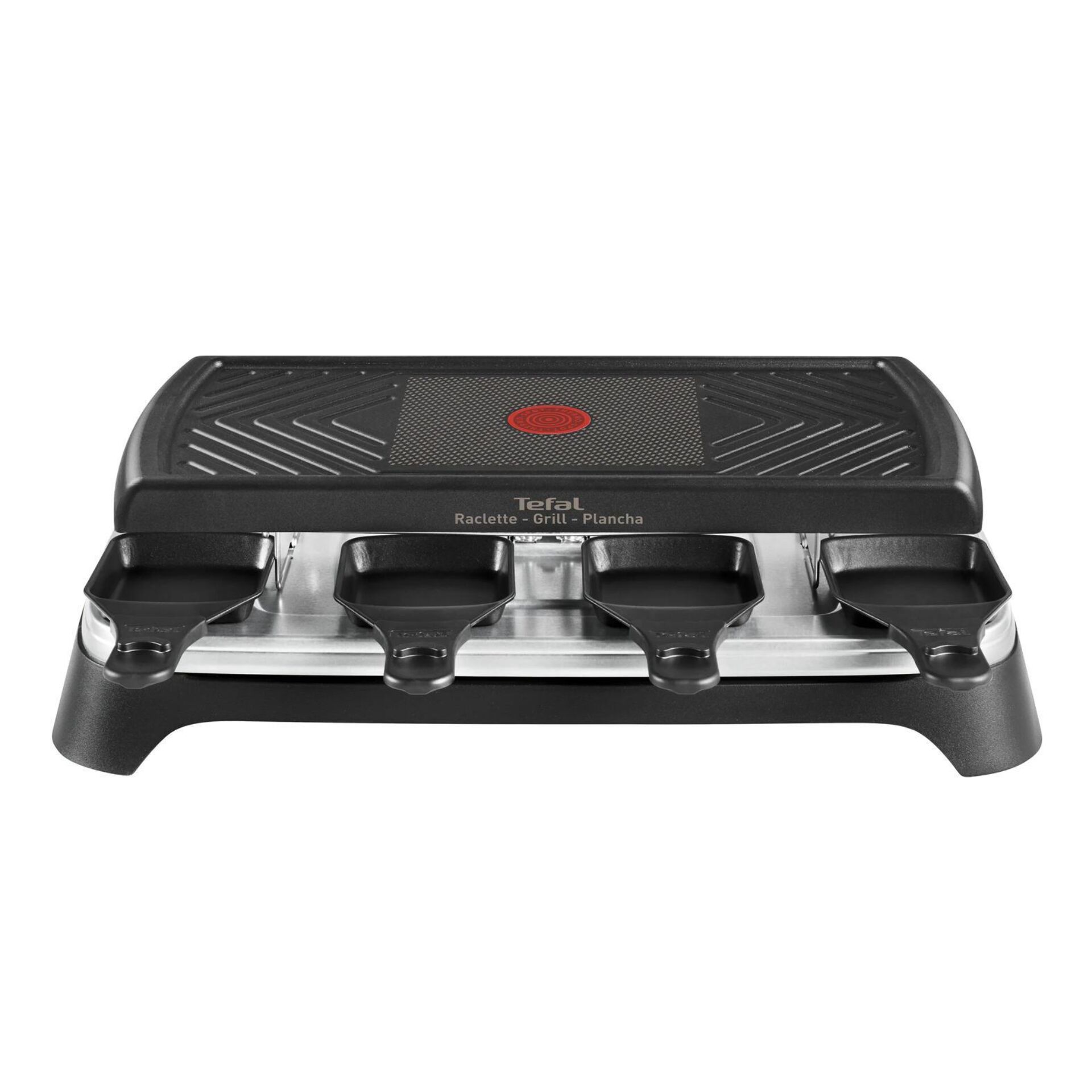 Raclette-Grill, Grillplatte, vier Pfännchen, geriffelte Grillfläche, schwarz-silber