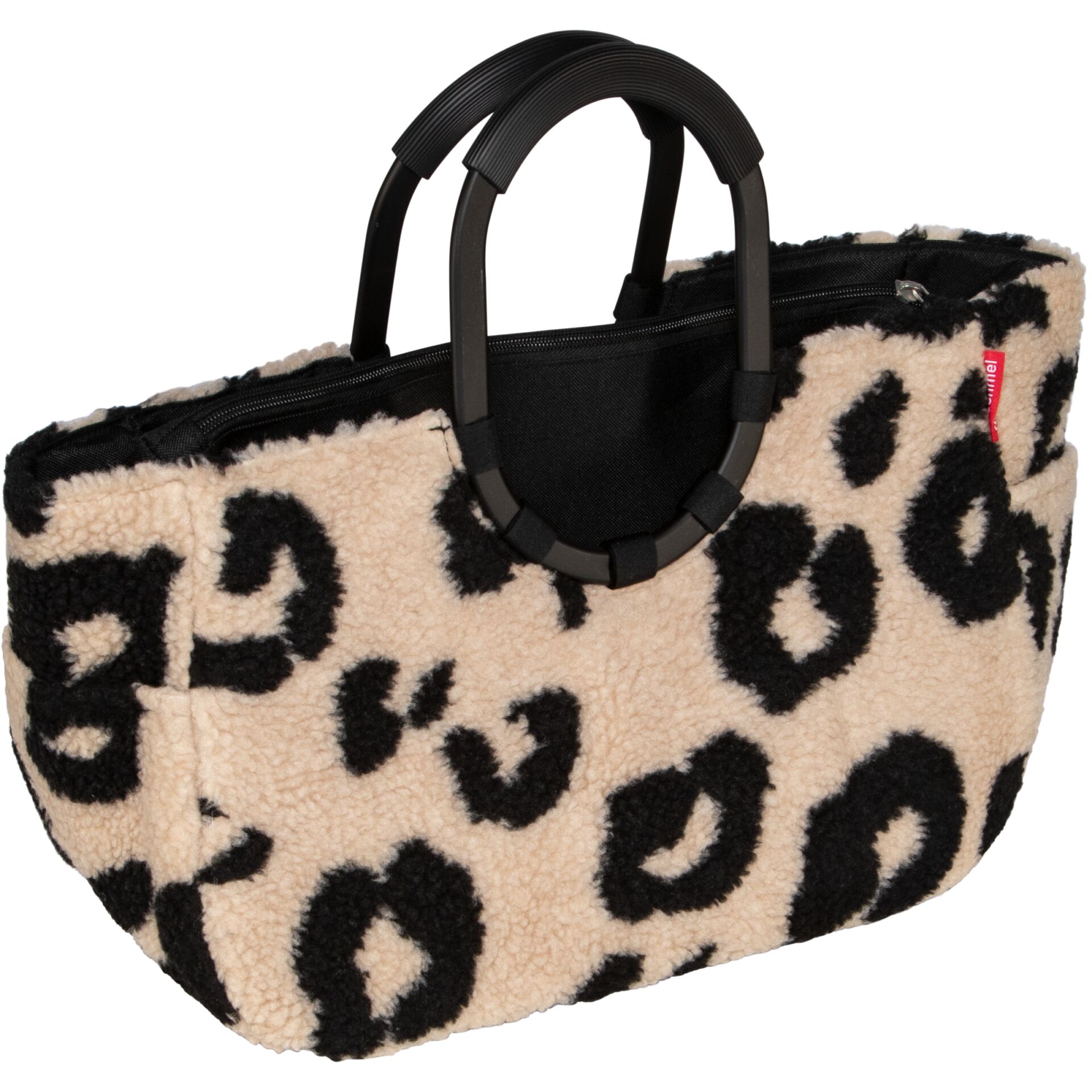 Handtasche, Teddyfell, Leopardenmuster, Beige-schwarz, Reißverschluss