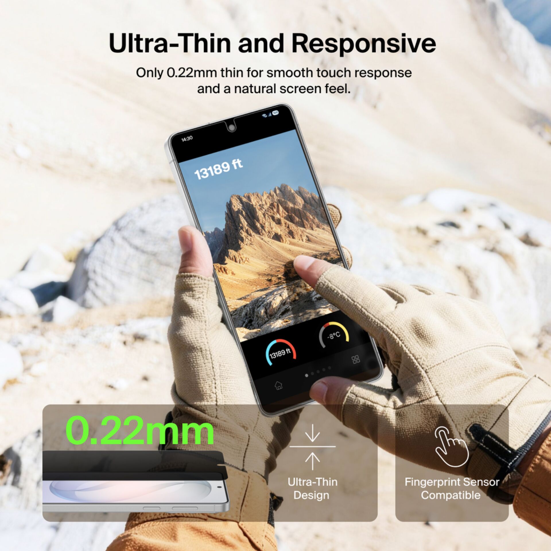 ultra-thin, touchscreen, gloves, smartphone, mountain scenery