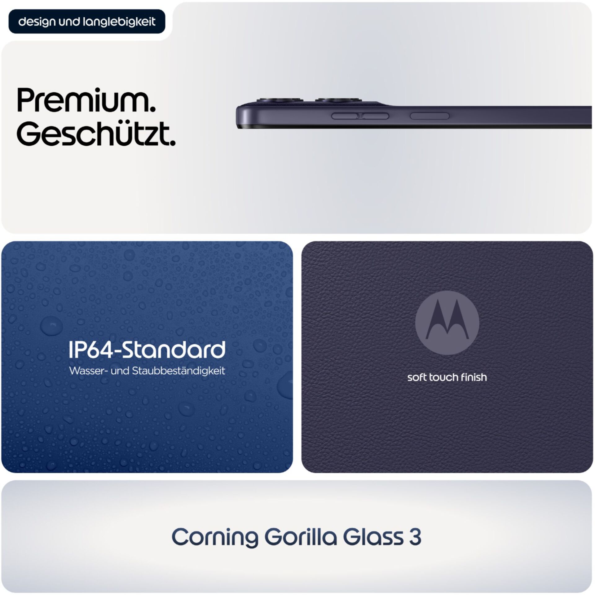 IP64-Standard, Soft touch finish, Wasserfest, Corning Gorilla Glass 3, Premium-Design