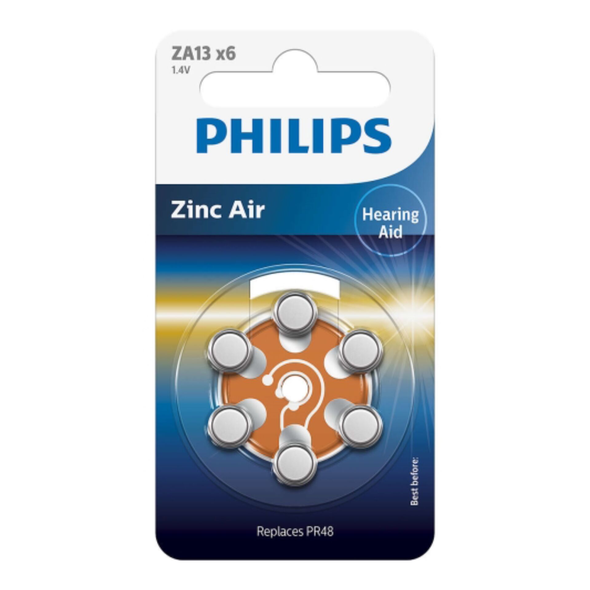 1x6 Philips Zinc-Air PR48 / 13  Hörgeräte Batterie