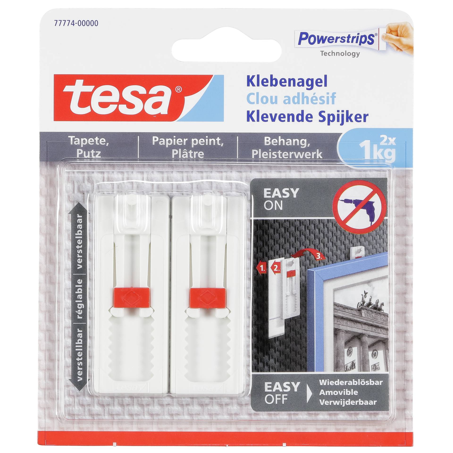 1x2 Tesa Verstellbarer Klebe-  nagel für Tapeten und Putz 1 kg