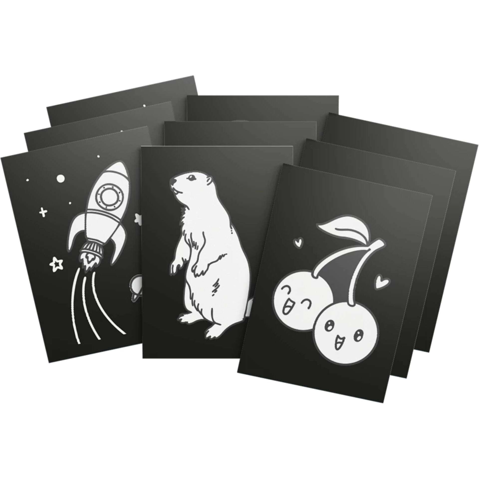 Schwarz-Weiß-Illustration, Postkarten-Set, Tier-Illustrationen, Rakete, Kirschen