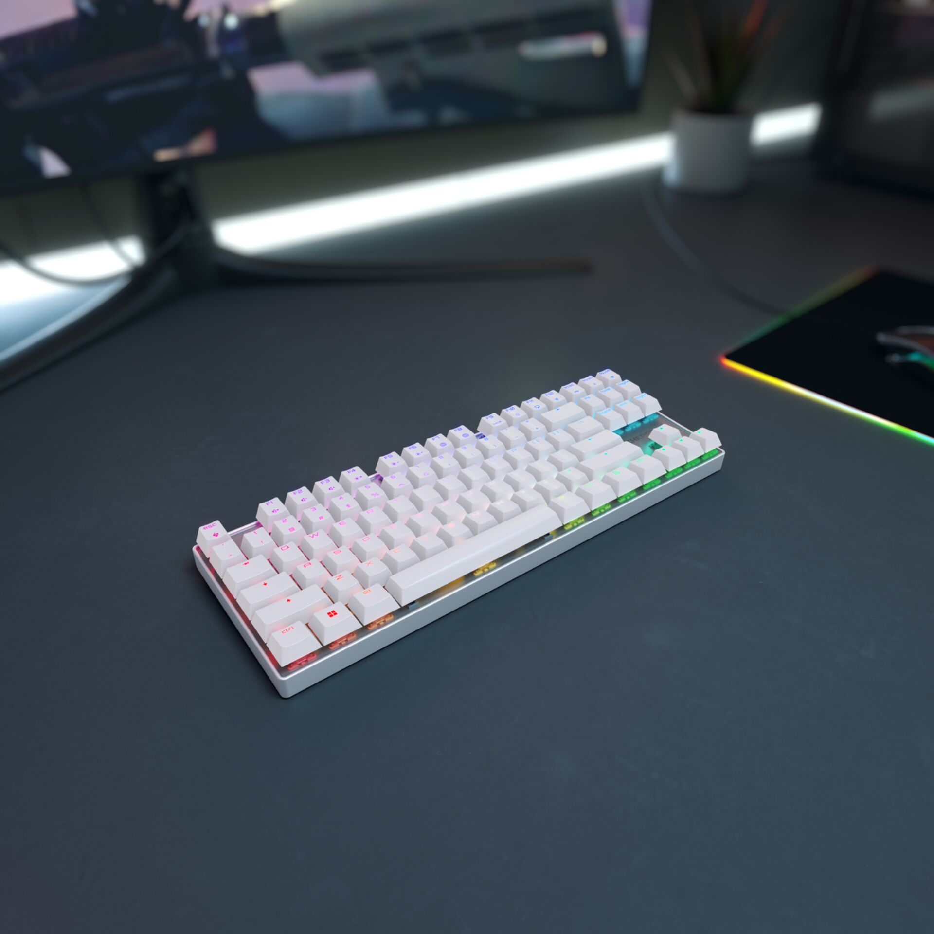 mechanische Tastatur, weiße Tastatur, RGB-Beleuchtung, kompakte Tastatur, Gaming-Setup