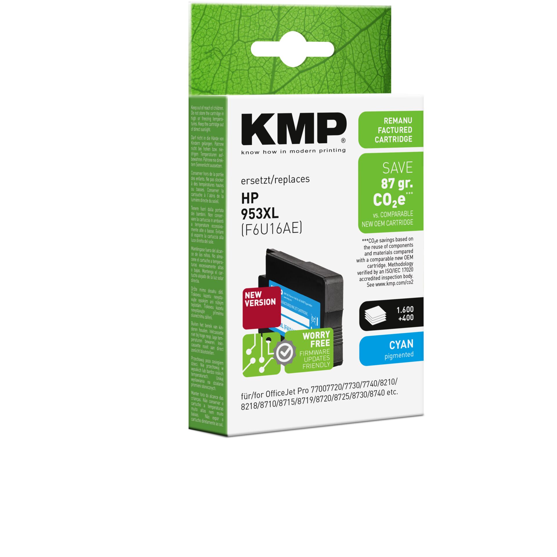 Adapter, Elektronik, Computer-Ausrüstung, Computerausrüstung, QR-Code, Tintenpatrone, HP 953XL, CO2e gewonnen, Cyan pigmentiert, KMP ersetzt OEM