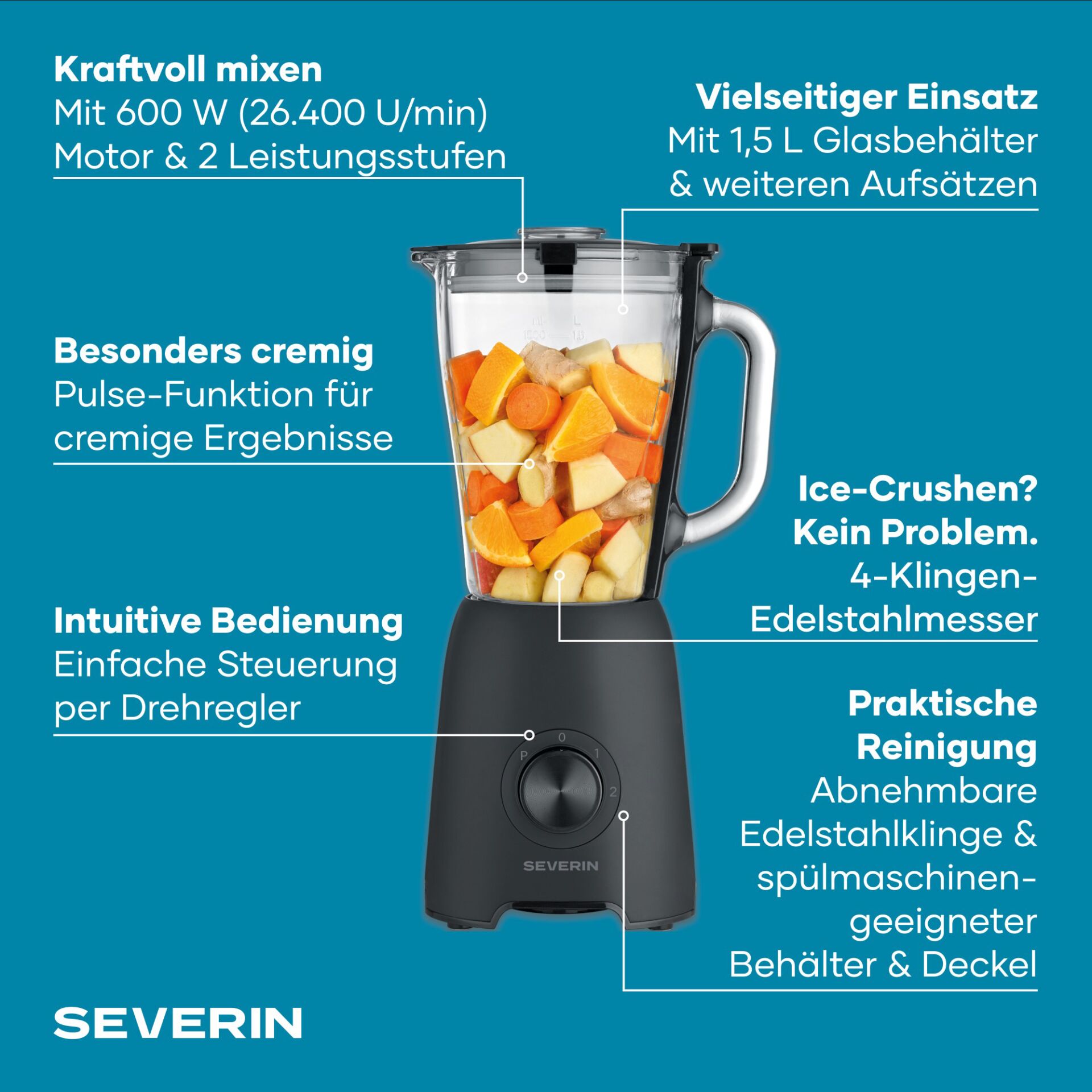 Standmixer, Glasbehälter, Edelstahlmesser, Drehregler, Schwarz