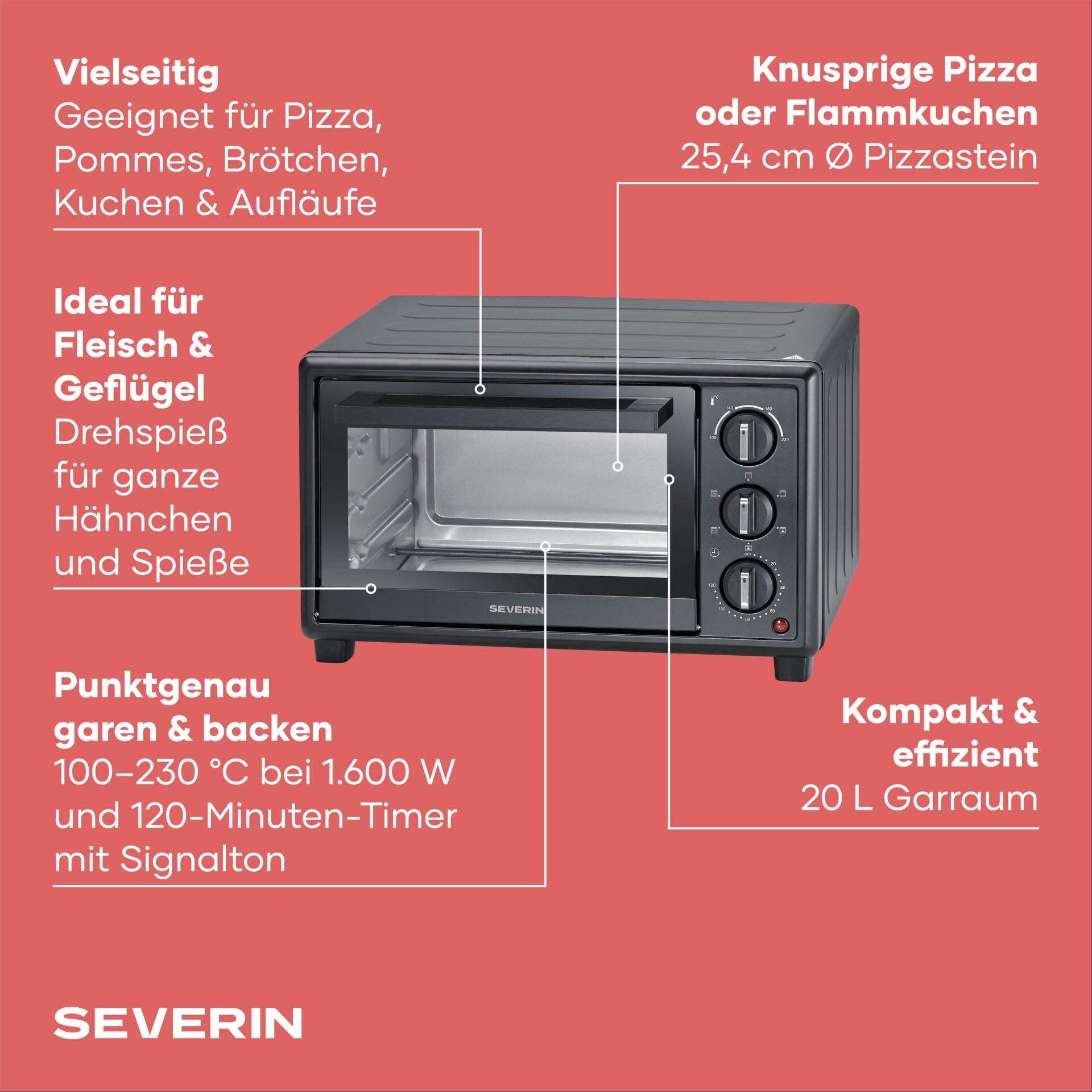 Toaster, Backofen, Schwarz, 20 L Garraum, Knusprige Pizza