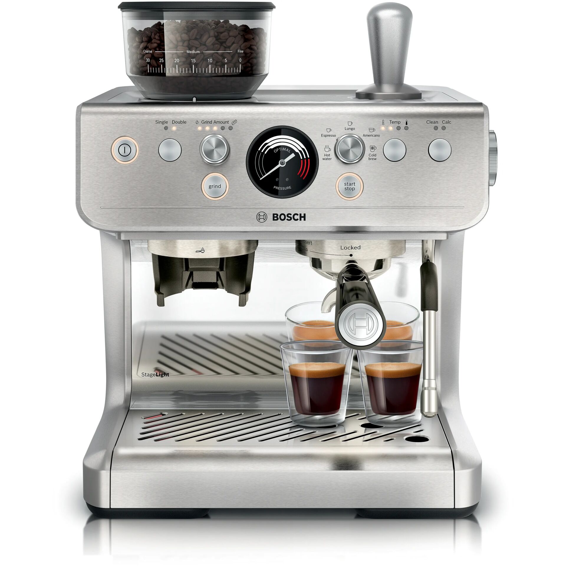 Espressomaschine, Kaffeeauslauf, Brühmenge, Edelstahl, Gehäuse silber