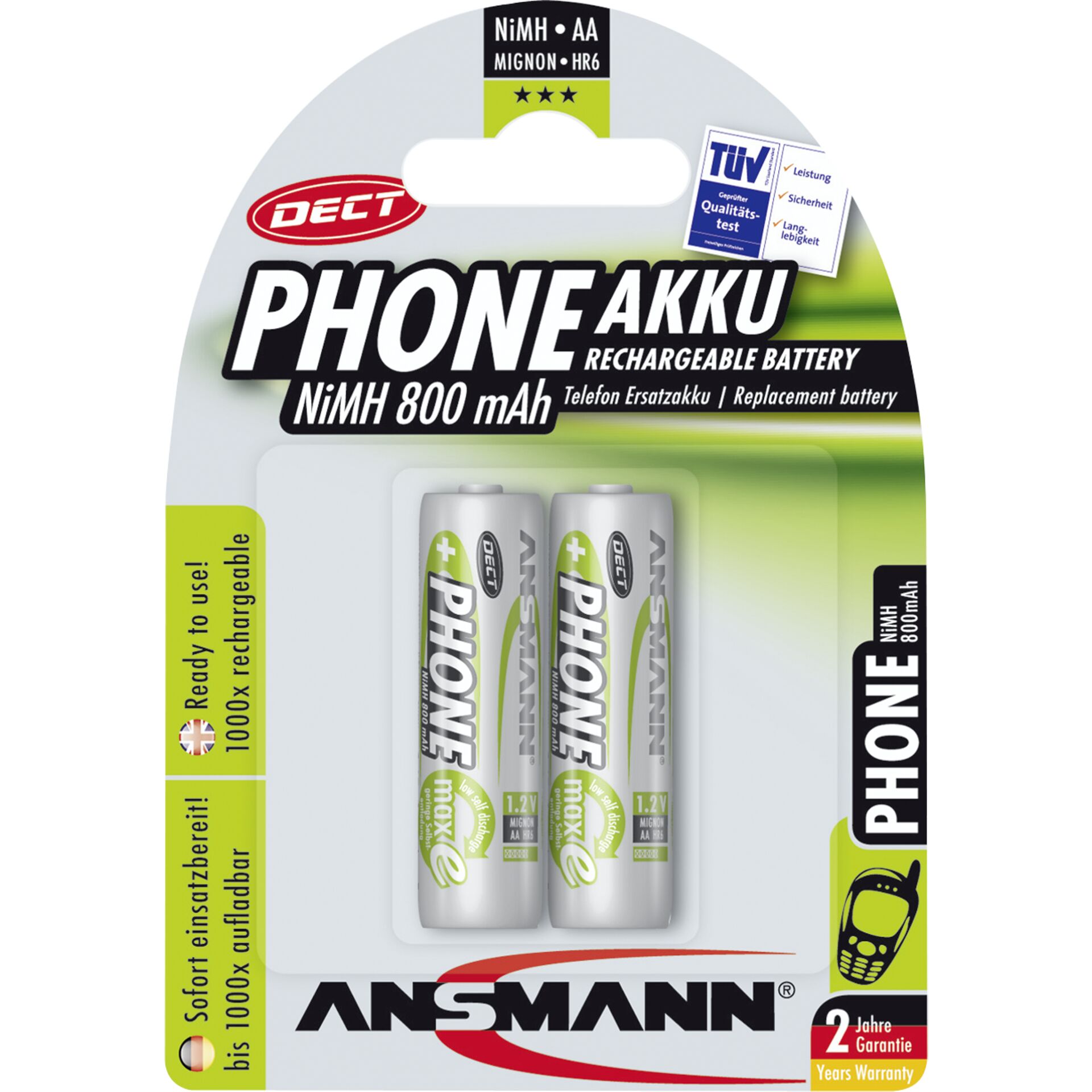 1x2 Ansmann maxE NiMH Akku  Mignon AA 800 mAh DECT PHONE