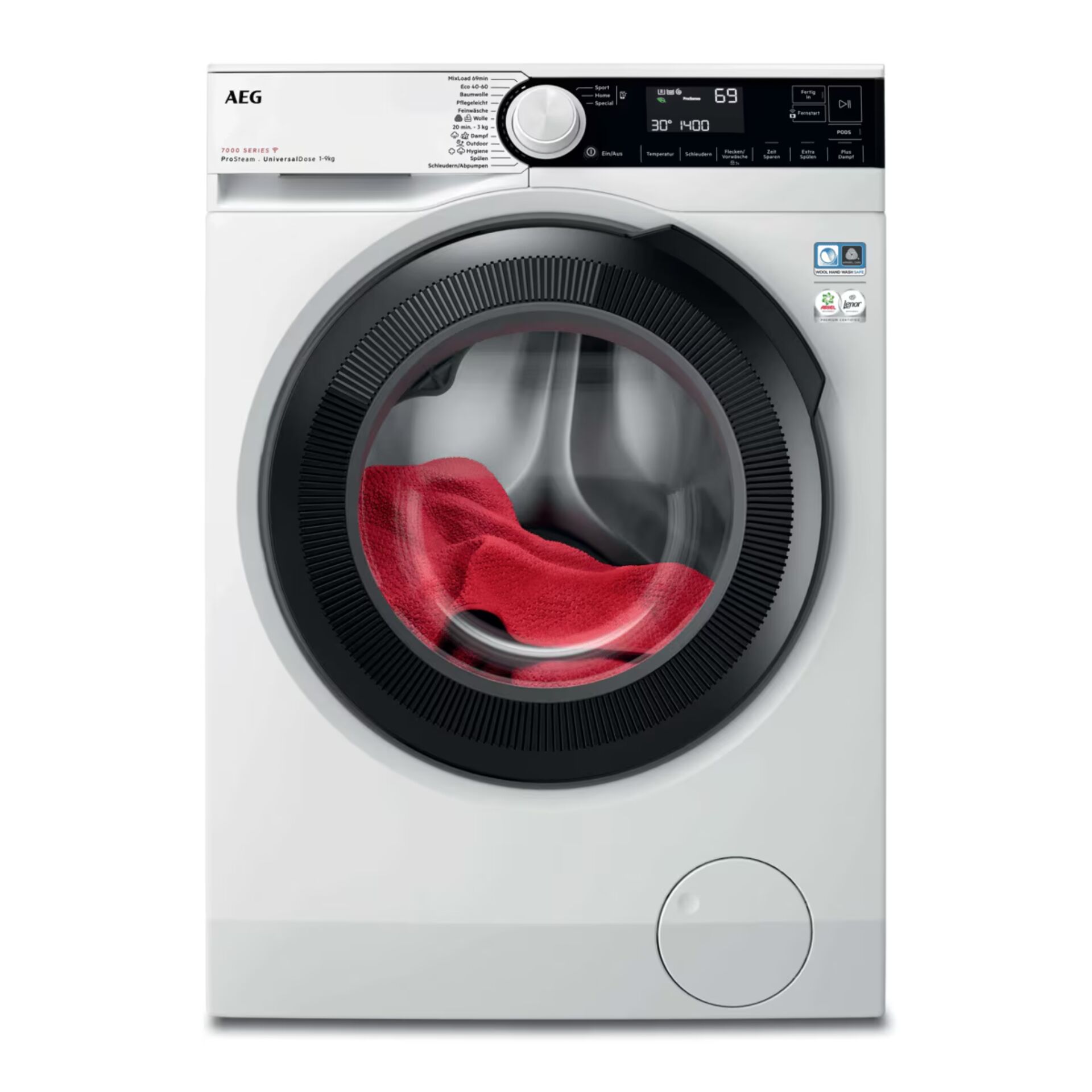 Waschmaschine, Frontlader, Kunststoffgehäuse, Schwarz-Rot-Gewand, Trommel