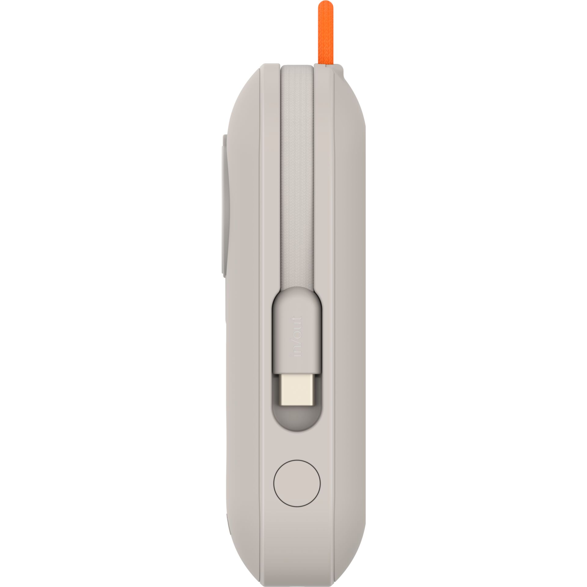 Tape measure, Kompaktgehäuse, Hellgrau, Orangeer Pull-Tab, Seitliche Ansicht