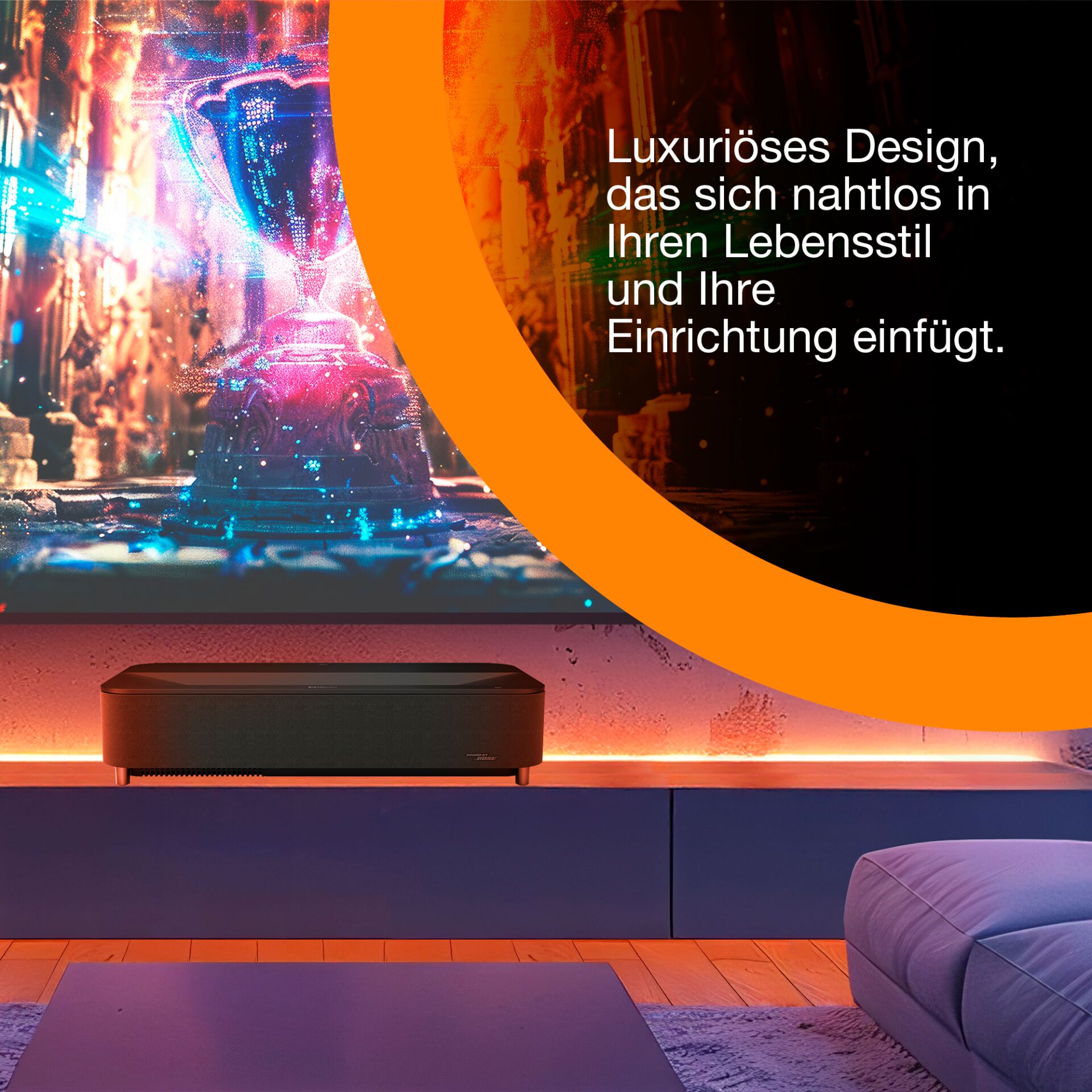 Projektor, Soundbar, TV-Setup, Heimkino, modernes Dekor