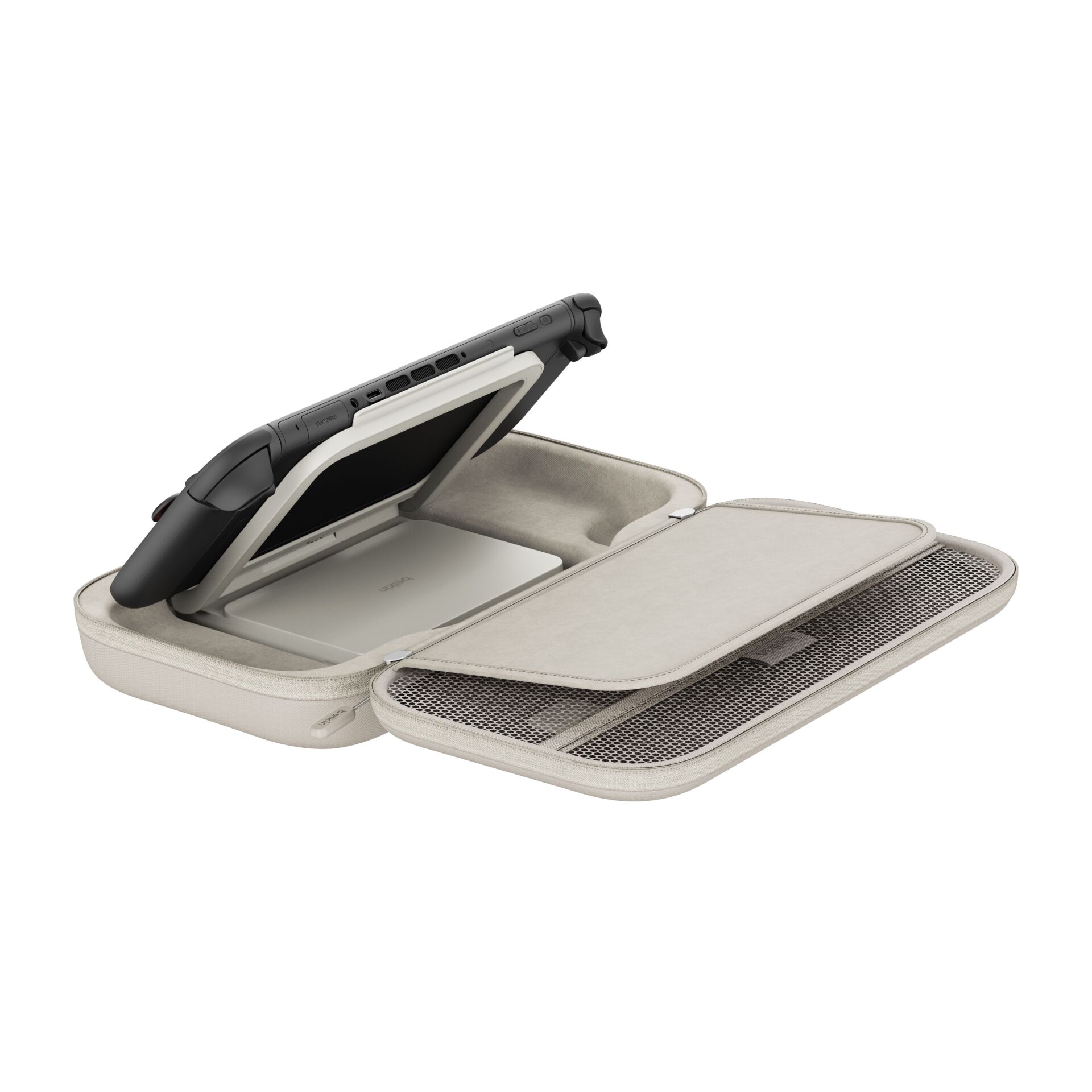 tablet case, hard shell, beige, zippered case, charging hub