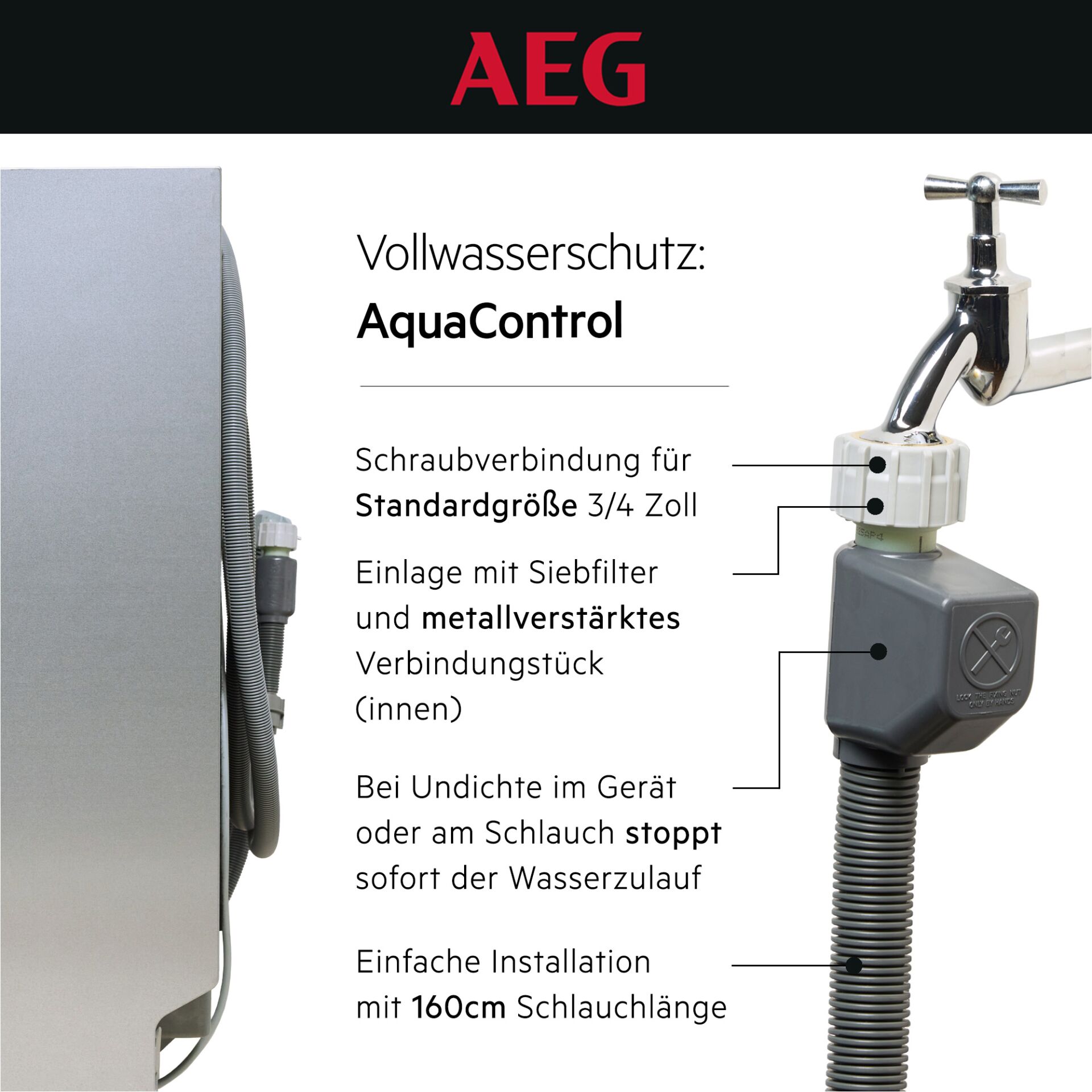 Wasserhahn, Druckknopf, Schlauch, Siebfilter, Verbindungsteile