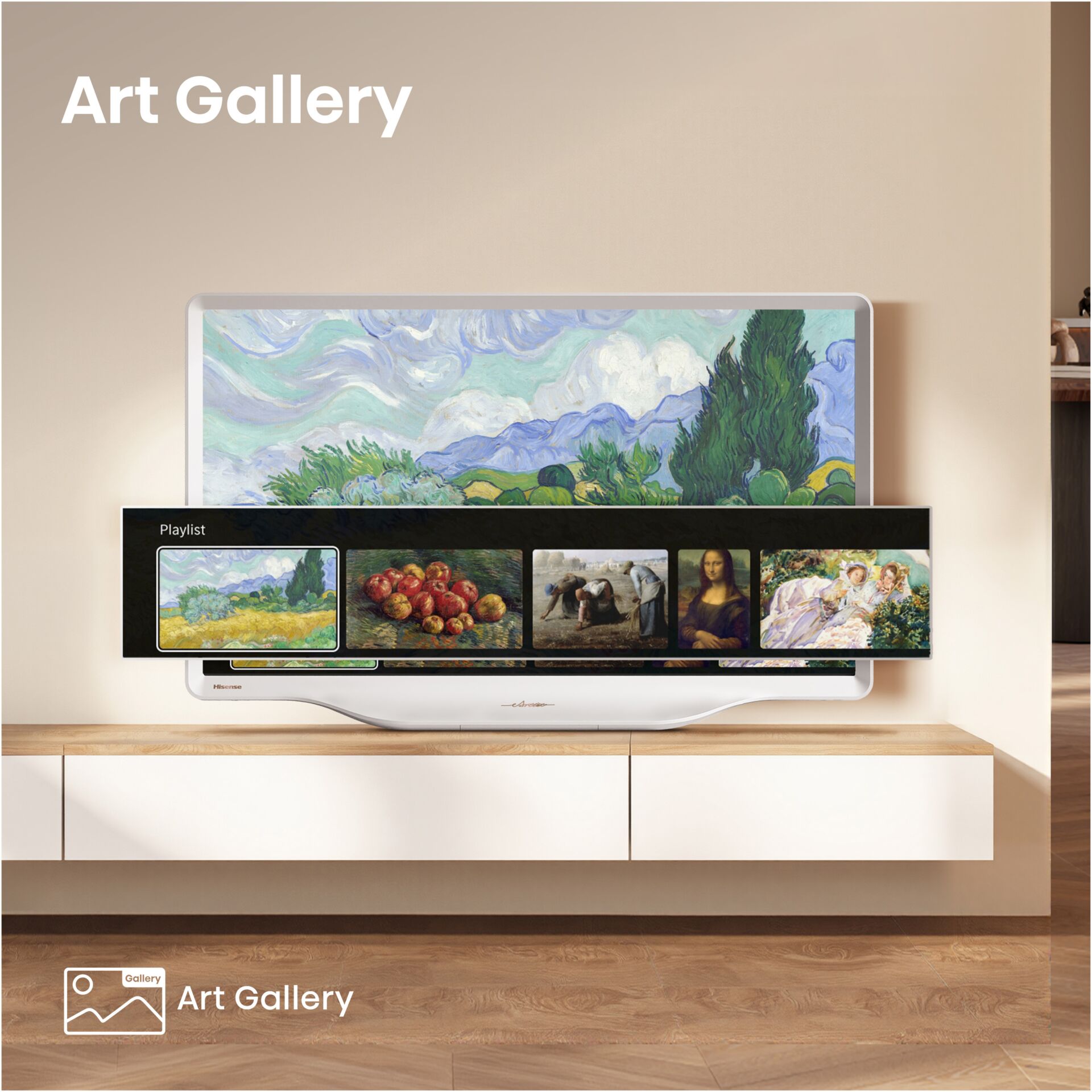 fernseher, flacher bildschirm, kunstgalerie, kunst-streaming, playlist