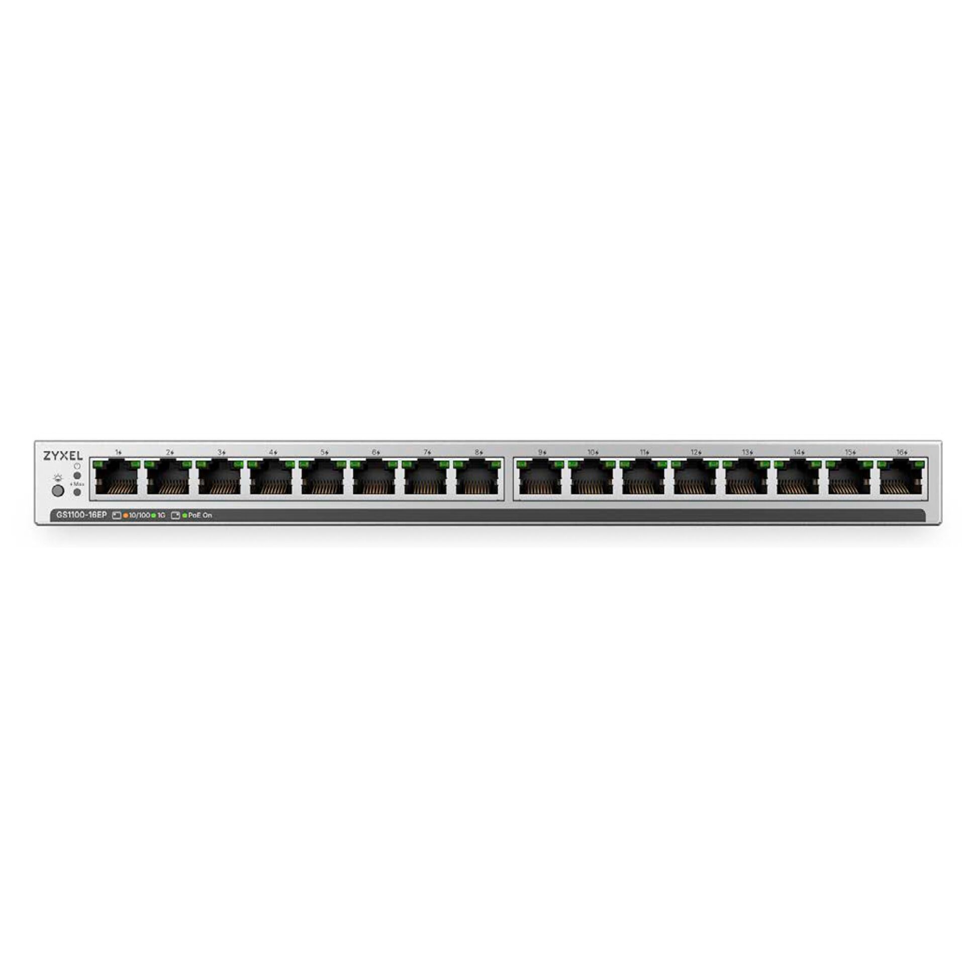 Netzwerk-Switch, 16 Ethernet-Ports, PoE-Switch, Metallgehäuse, Grau