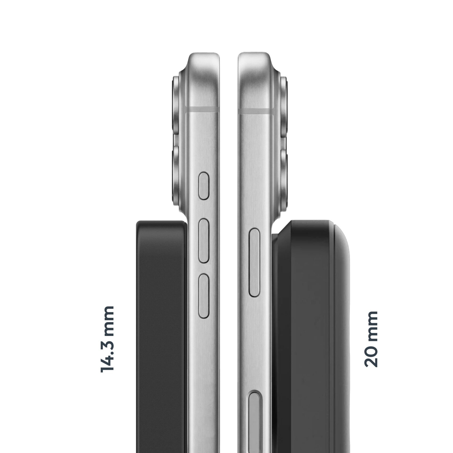 Smartphone, Seitenansicht, Metallgehäuse, Knöpfe, Abmessungen 14,3 mm x 20 mm
