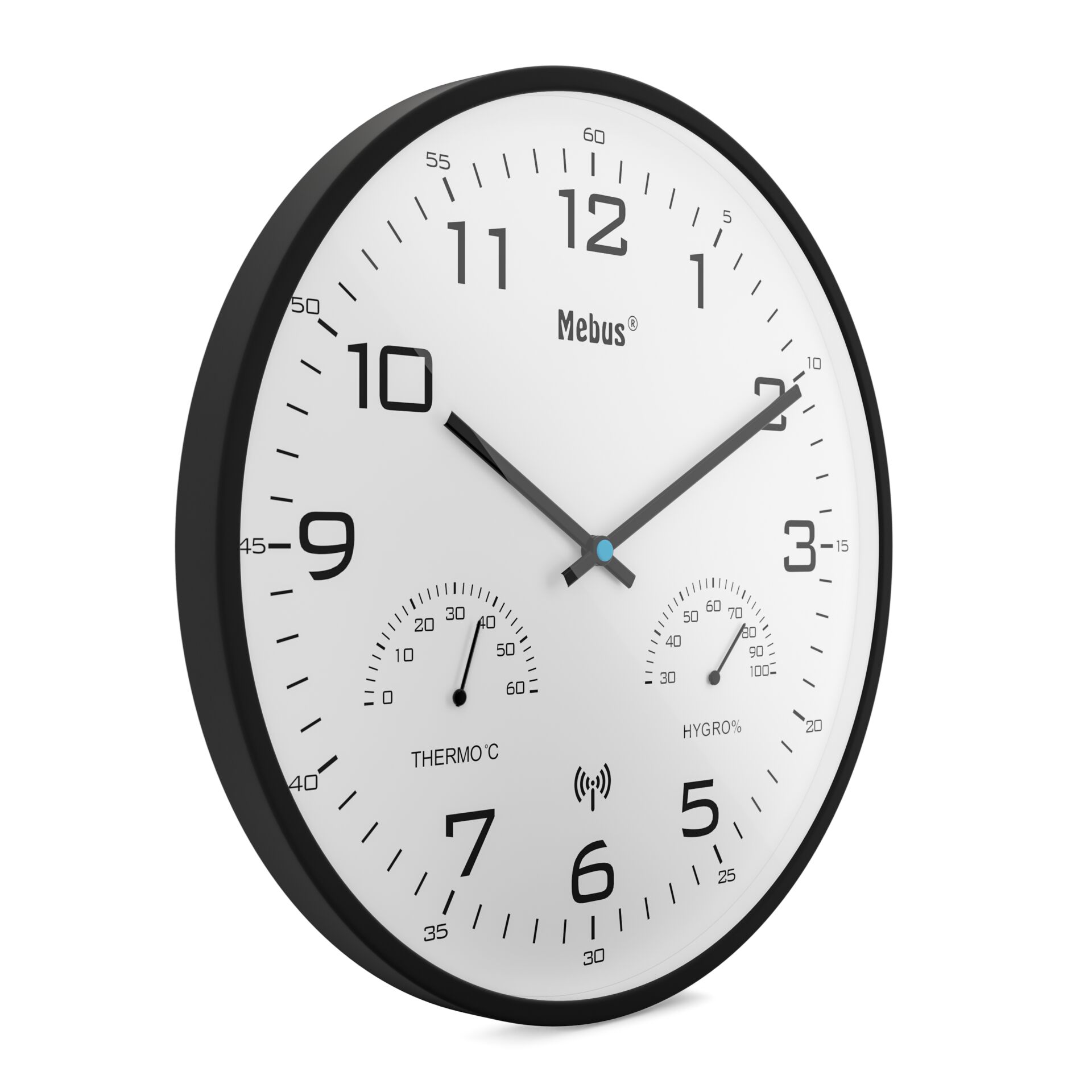 Wanduhr, Analoguhr, Schwarzer Rahmen, Weißes Zifferblatt, Thermometer Hygro