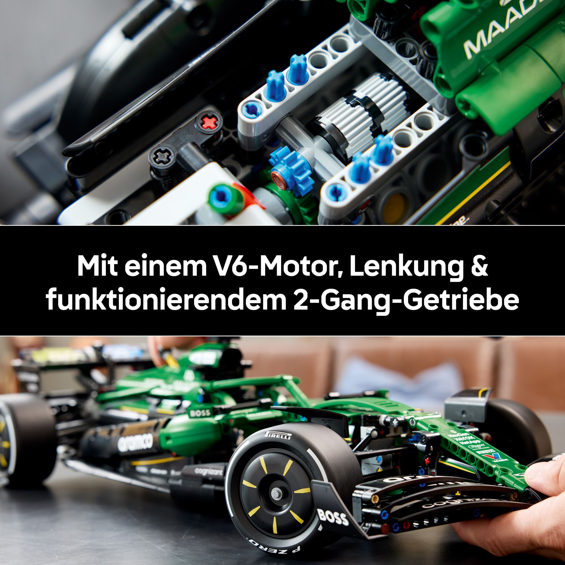 Modellauto, LEGO Technic, V6-Motor, Getriebe, grüne Akzente